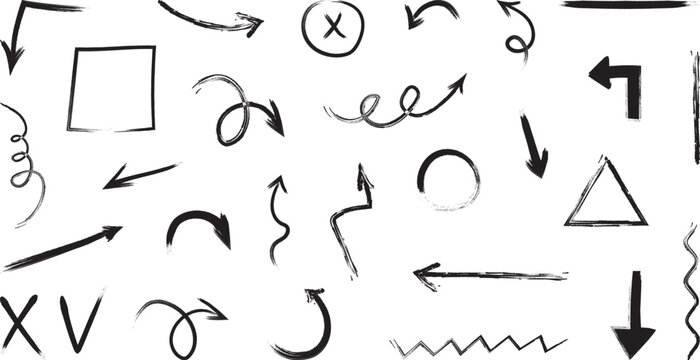 Charcoal scribble hand drawn sketch, arrow brush, line pencil, crayon stroke, mark sketch, chalk doodle, black grunge texture element. Simple handwritten vector illustration on white background