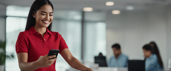 A young mexican community manager wearing a red polo shirt in a well illuminated white office, laugh
