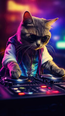 Cute cat dj spinning turntable for music lovers, The Wildest Night Club Scene