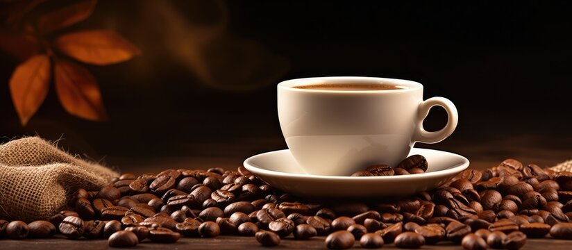 Coffee cup and beans on brown backdrop