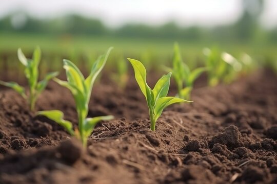 Corn field with sprouts in soft focus in a farmed area. Green seedlings are growing in an agricultural landscape with soil-based sprouts. Generative AI