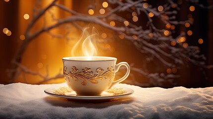 Obraz premium Embrace the enchantment of winter with a person holding a coffee cup. The warm ambiance, shaped canvas, and soft-focus create a delightful holiday scene.