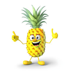 Happy Pineapple Character. 3D rendering of pineapple character with arms and legs, giving two thumbs up and smiling