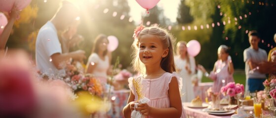 Fototapeta premium Cute little girl having birthday party with her family on summer day