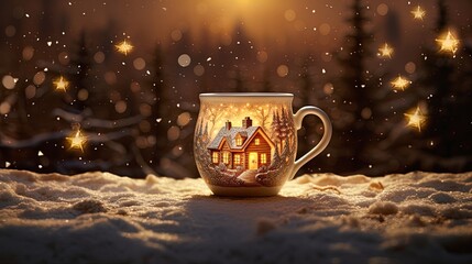 Embrace the enchantment of winter with a person holding a coffee cup. The warm ambiance, shaped canvas, and soft-focus create a delightful holiday scene.