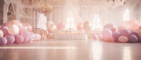 Pink and white balloons in the interior of the room. 3d rendering
