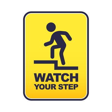 yellow sticker caution step. a man stumbles on the stairs. flat vector illustration
