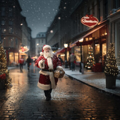 Smiling Santa Claus walks through the streets, carrying a bag of gifts, it's snowing, chrinstmas atmosphere