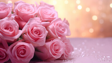 Romantic bouquet of pink roses on bokeh background, Valentine Day, Anniversary, Wedding, Copy space for text. Generative AI