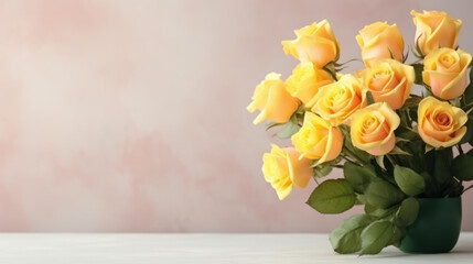 Romantic bouquet of yellow roses on light background, Valentine Day, Anniversary, Wedding, Copy space for text. Generative AI