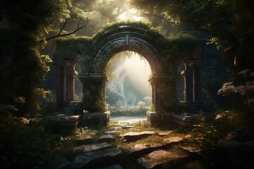 Magical evening scenery with mystical elven gateway to a parallel realm. Generative AI