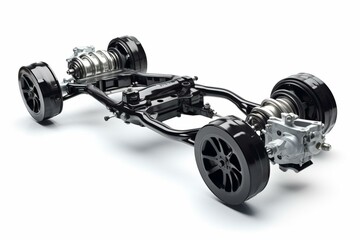 Automotive suspension detached from the vehicle, displayed in 3D illustration against a white background. Generative AI