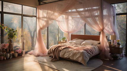 A sunlit bedroom with a canopy bed, soft pastel colors, and sheer curtains billowing in the breeze - obrazy, fototapety, plakaty