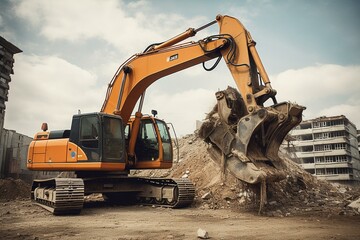 Demolition excavator using crusher on rig. Generative AI - obrazy, fototapety, plakaty