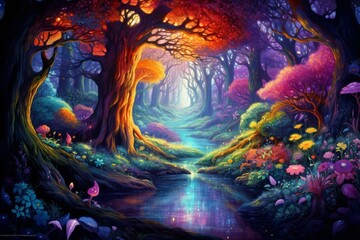 Obraz na płótnie Canvas Vibrant enchanted woods artwork. Magical hues reminiscent of fairy tales. Generative AI