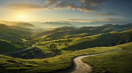 A winding path leads through a series of rolling hills, the sun shining down and casting a beautiful golden light