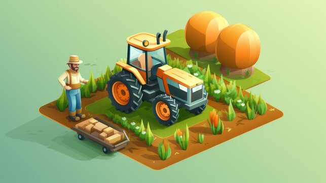 3D isometric design with farmer and tractor models in the field