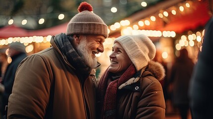 Join this heartwarming senior couple as they stand near the Christmas market. Experience the magic of photo-realistic landscapes in soft, romantic scenes, capturing the holiday spirit