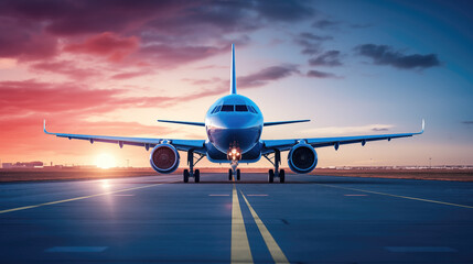 A large jetliner taking off from an airport runway at sunset or dawn with the landing gear down and the landing gear down, as the plane is about to take off. generative ai