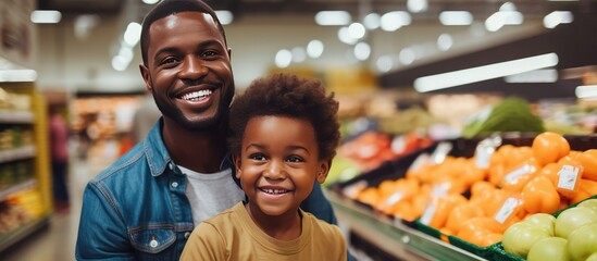 Joyful African father and son shopping happily in supermarket - obrazy, fototapety, plakaty