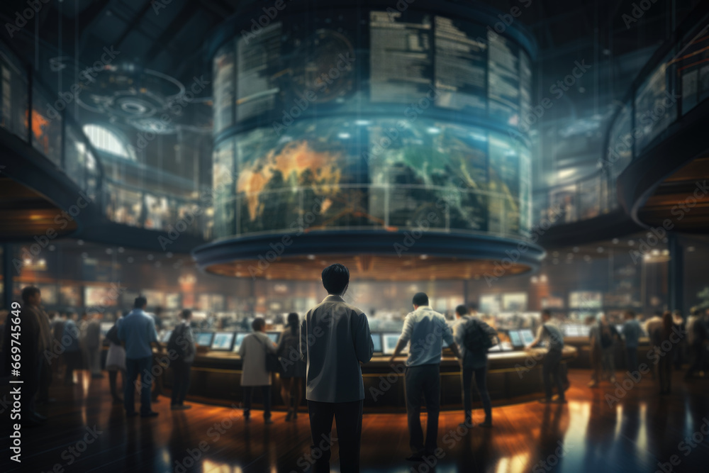 Poster a bustling stock exchange floor with traders making swift transactions, portraying the dynamics of f