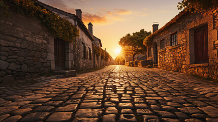 A winding cobblestone road leads through a quaint village, the sun setting in the distance and casting a soft orange glow