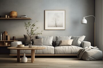 Modern interior with grey sofa, wooden table, simple accessories. Cozy stylish apartment. Generative AI