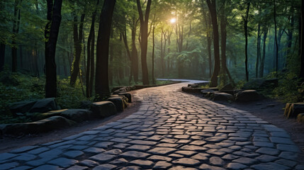 A winding, cobblestone path winds its way through a thick, lush forest The sky is a deep, brilliant blue, and the sun is setting in the distance - obrazy, fototapety, plakaty