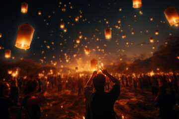 A serene scene of Buddhist worshippers releasing lanterns during Yi Peng in Thailand, creating a breathtaking spectacle. Generative Ai.