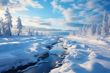 A snowy landscape in Lapland, Finland, home to Santa Claus, exemplifying the magical Christmas experiences offered in the region. Generative Ai.