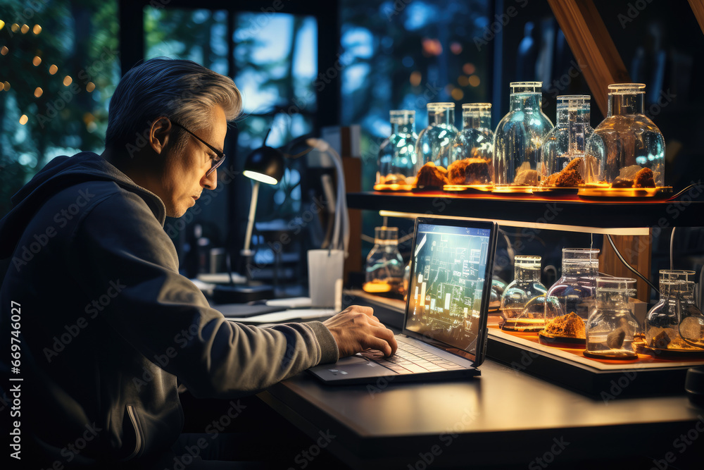 Poster a scientist in a lab studying climate data and models, emphasizing the importance of research and in