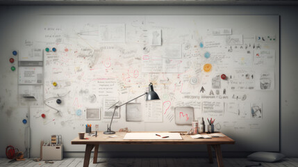 A whiteboard stands in the corner, its surface covered in scribbled equations and diagrams