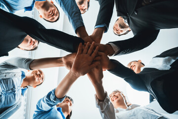 Multiracial business people make synergy hand stack together in meeting room as cooperation or team building for corporate employee in workplace. Closeup below view. Habiliment