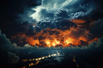 A powerful storm with dark clouds and lightning, illustrating the increasing frequency and intensity of extreme weather events due to climate change. Generative Ai.