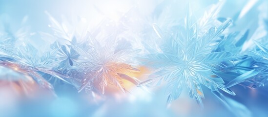 Fototapeta na wymiar Winter holiday backdrop with icy colored snowflakes in fractal designs