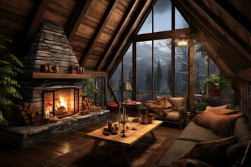 Fototapeta na wymiar Cozy mountain cabin. Generative AI