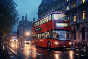 A red, double-decker bus travels in the evening along the city highway. At night, public transport...