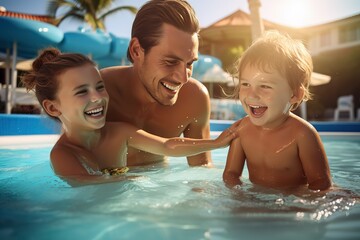 Laughing father and children play in the water in the pool. Close-up. Portrait. Vacation, vacation, family vacation, resort, travel. - obrazy, fototapety, plakaty