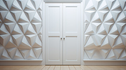A white, textured door, with a bold, geometric pattern of triangles and squares 