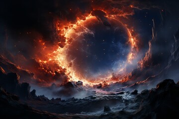 Earth like planet in flames with an infinite universe backdrop
