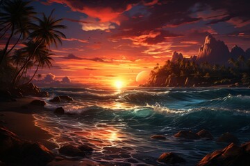 Beach Sunset Scenery Illustrations Ocean - obrazy, fototapety, plakaty