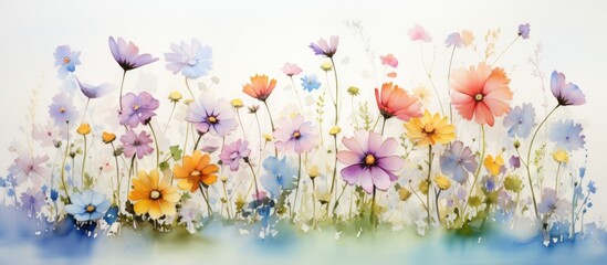 Colorful background with handmade floral pattern depicting a lovely bouquet of wildflowers painted in the watercolor technique