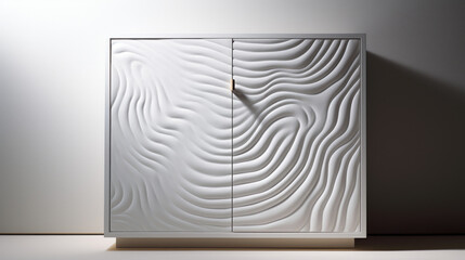 A white, textured cabinet, with a subtle pattern of lines and circles