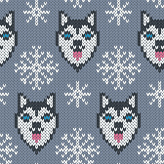 Dog husky face and snowflakes jacquard knitted seamless pattern. Winter background for wear knitting design.  Trendy 8 bit game style. Vector illustration.