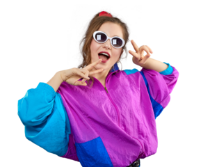 Cool teenager. Fashionable DJ girl in colorful trendy jacket and vintage retro sunglasses enjoys style of 80s-90s vibes. Teenager at disco party. Young fashion model isolated. PNG.