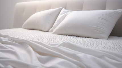 Fototapeta na wymiar A white, textured bed, with a subtle pattern of lines and circles