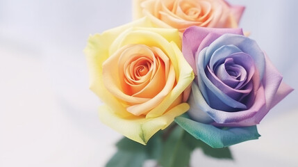 Bouquet of colorful roses, Rainbow roses, Happy Valentine Day, Anniversary, Wedding, Romantic, Copy space. Generative AI