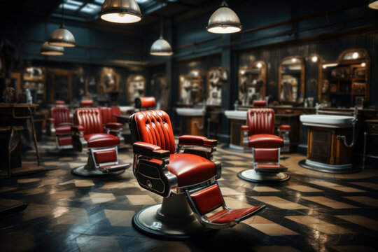 A retro barbershop with a spinning barber pole and leather chairs, reminiscent of a traditional grooming experience. Generative Ai.