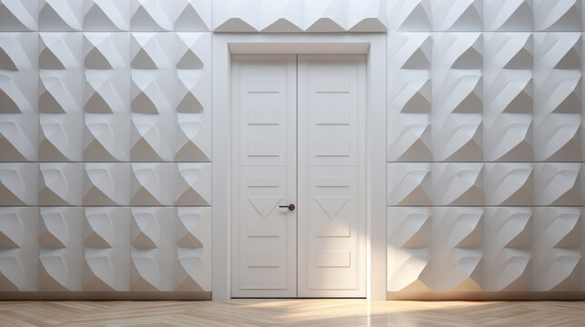 A white, textured door, with a bold, geometric pattern of triangles and squares 