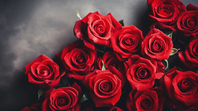 Closeup red roses on  gray background, Romantic, Valentine, Wedding, Anniversary. Generative AI
